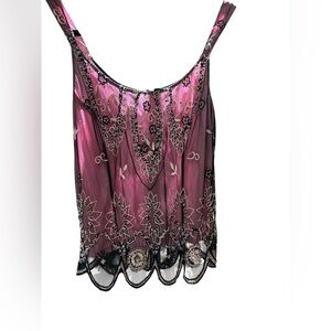 MARINA Red and Black Embellished Asymmetrical Camisole